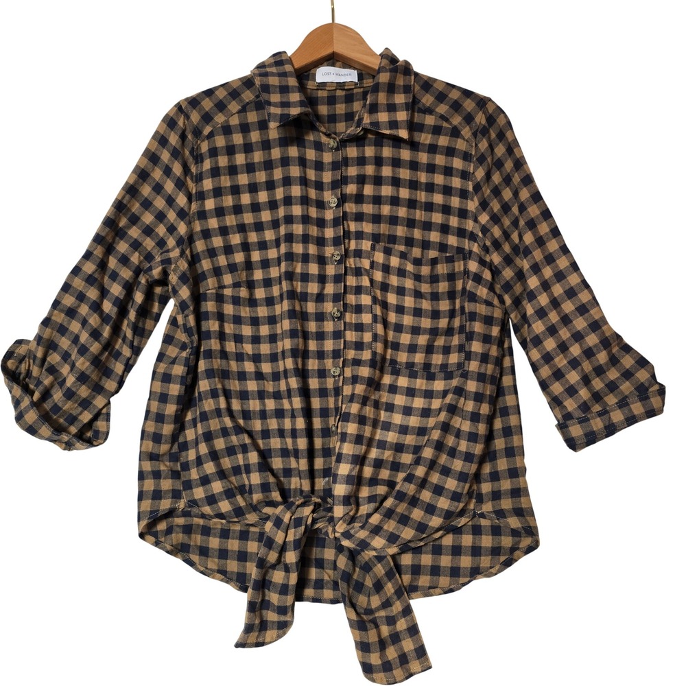 Lost Wander‎ Tan Black Women's Buffalo Check Gingham Tie Shirt 100% Cotton